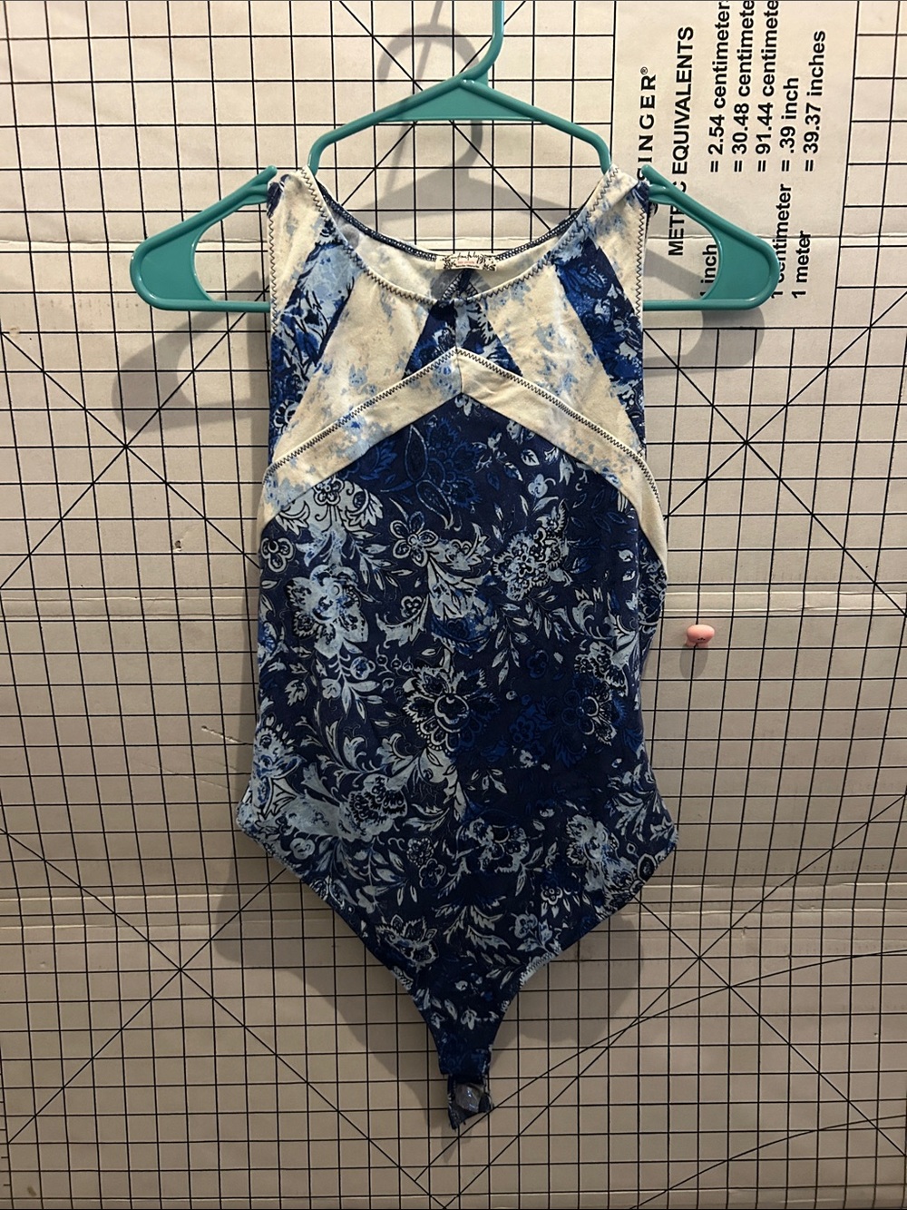 Free People Intimately Blue Floral High-Neck Leotard with Ivory Accents